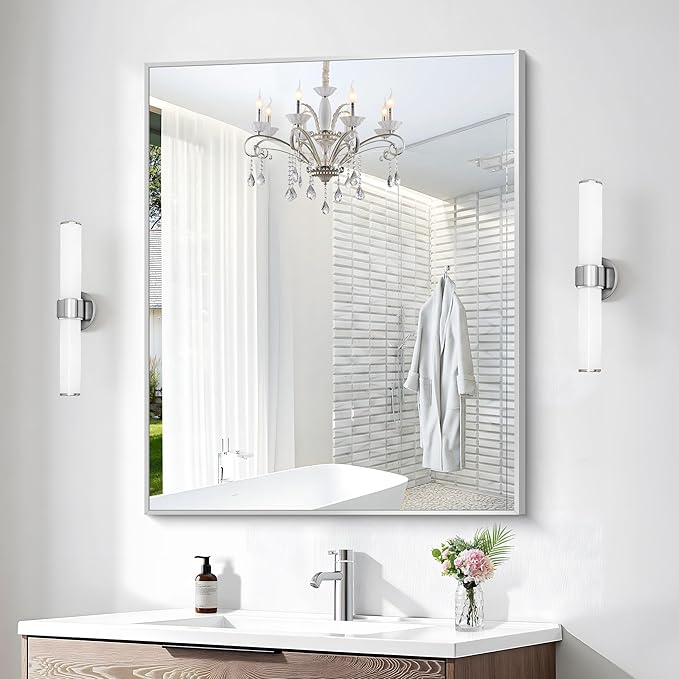 Silver Bathroom Mirror,30x36 inch Wall Mirror for Bathroom Wall Mounted,Rectangle Mirror for Bathroom Over Sink,Modern Metal Frame for Living Room,Bedroom Entryway,Horizontal/Vertical-FlexoryFit