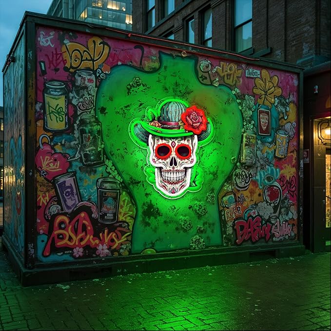 Day of the Dead Neon Sign - Mexican Sugar Skull LED Neon Light for Home & Bar Decor,UV Printed Art with Flexible LED Strip,Halloween & Día de Muertos Party Decoration(green)
