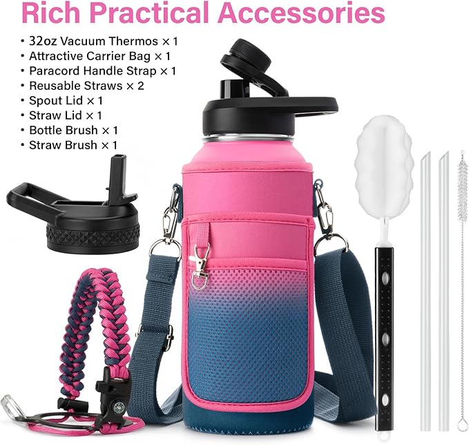 Insulated Water Bottle | Thickened Stainless Steel Vacuum Metal | Portable Sports Water Jug for Gym and Hiking with Straw, Carrier Bag, Handle Strap | BPA-Free 32 oz-FlexoryFit