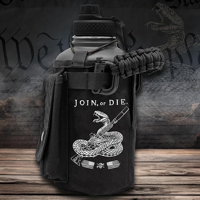 Iron Infidel Battle Bottle - Half Gallon Insulated Water Bottle with Paracord Handle, Large 64 oz Stainless Steel Water Jug with Rugged, Removable Sleeve for Keys, Wallet & Phone (Join or Die 2 Liter)-FlexoryFit