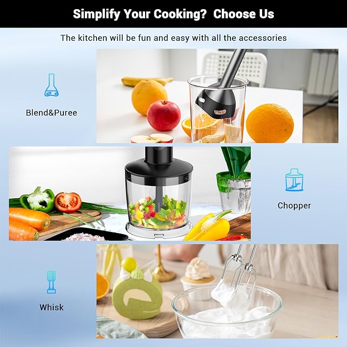 Immersion Blender RPM 16000±10% Scratch Resistant Hand Blender,15 Speed and Turbo Mode Hand Mixer, 3-in-1 Heavy Duty Copper Motor Stainless Steel Smart Stick with Egg Beaters and Chopper-FlexoryFit