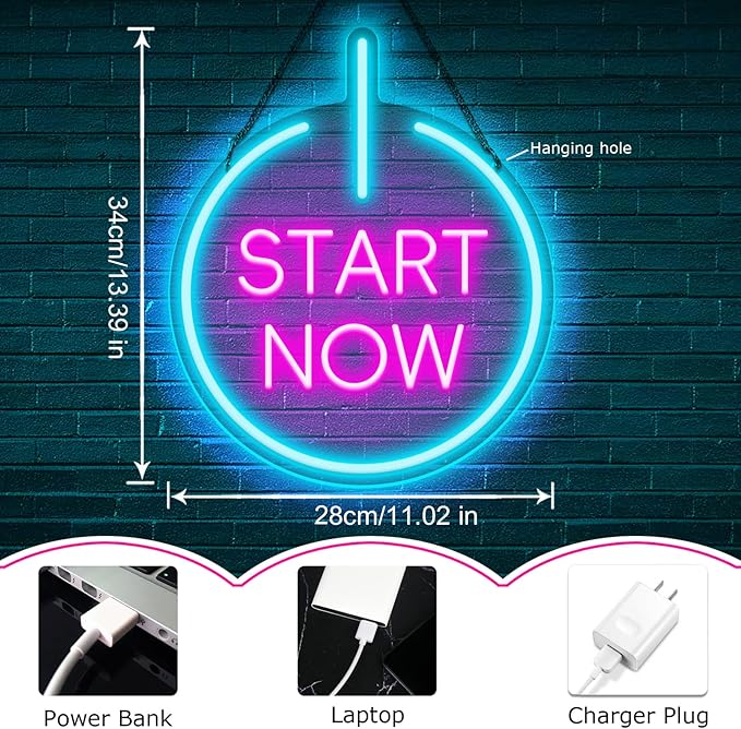 Start Now Neon Sign USB Powered with Dimmable Switch for Wall Background Decor Start Now Light Up Sign Neon for Office Gym Home Parties Decor Gift for Entrepreneurs Graduation 11.02 * 13.39In