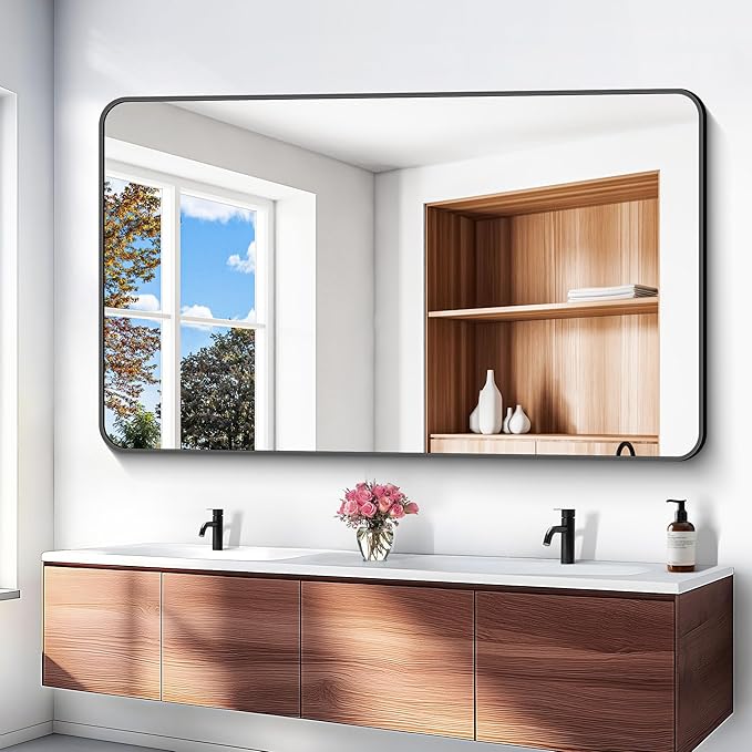 60x36 inch Large Bathroom Mirror,Black Rectangle Mirror,Wall Mounted Bathroom Frame Vanity Mirror with Round Corner for Bedroom Living Room, Entryway Hangs Horizontal or Vertical-FlexoryFit