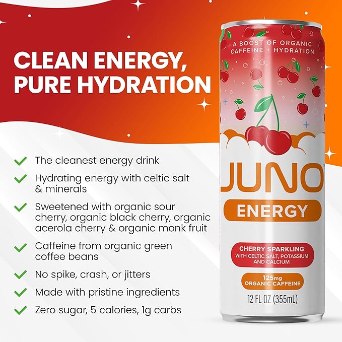 JUNO ENERGY Organic Cherry Sparkling Drink - Sugar Free Electrolytes, Energizing and Hydrating with 125mg Organic Caffeine from Green Coffee Beans, Organic Monk Fruit, Organic Sour and Black Cherry Juice & Electrolytes - Vegan, Gluten Free, 12 Pack-FlexoryFit