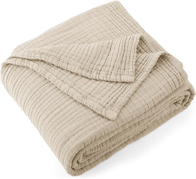 Carriediosa 100% Cotton Muslin Throw Blanket 108" X 90" King Size,4-Layers Summer Gauze Throws for Bed Couch,Soft Lightweight Breathable Linen Blankets Bedspread for Adults All Season,Khaki
