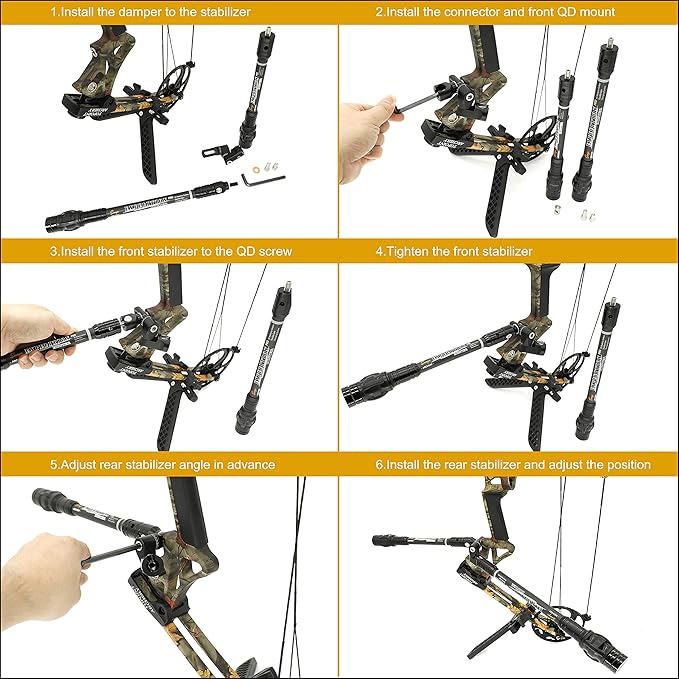 SUNYA Archery Bow Stabilizer for Compound Bow, Carbon Fiber Body Flexible Core, Damping System and Weights Kit, 8",10",12" 15" in Expedition Series
