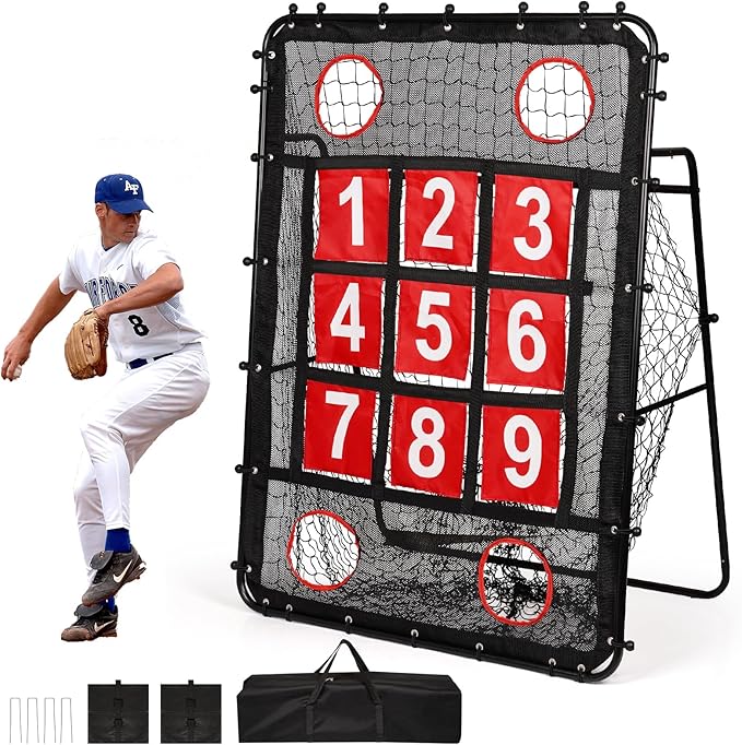 Pitching Net with Strike Zone, 9 Hole Baseball Pitching Target, Portable Softball Baseball Training Equipment with Carry Bag