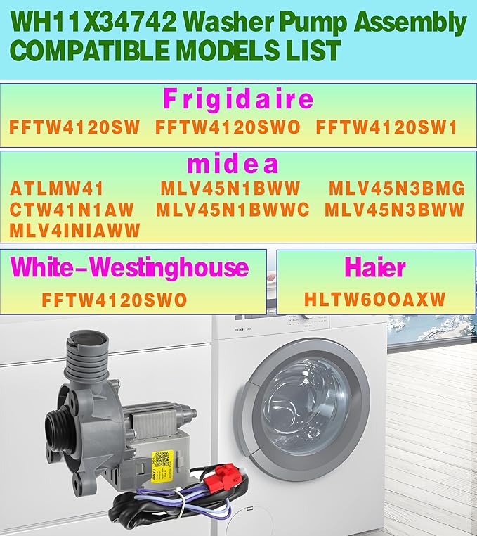(Upgraded) WH11X34742 Washer Pump Assembly Fit for Frigidaire 11001011000071 5304511363 FFTW4120SW Washing Machine Drain Pump Motor