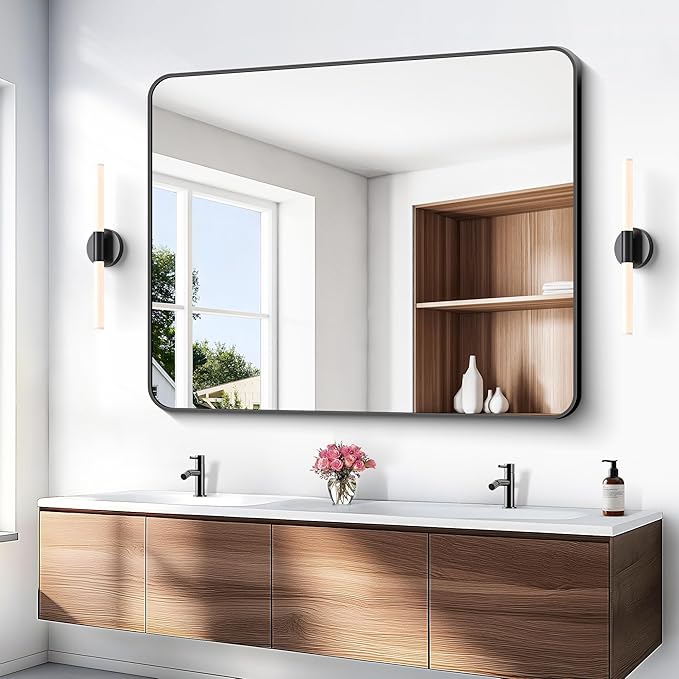 Black Bathroom Mirror,40x48 inch Wall Mirror for Bathroom Wall Mounted,Rectangle Mirror for Bathroom Over Sink,Modern Frame Round Corner for Living Room,Bedroom Entryway,Horizontal/Vertical-FlexoryFit