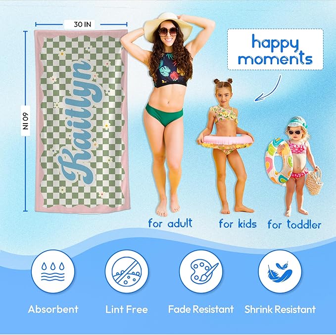 JML Personalized Beach Towel with Name, Custom Flower Beach Towel, Customized Microfiber Pool Towel, Quick Dry & Absorbent Swim Towel for Adult,Anniversary, Birthday, Summer Holiday,Vacation-FlexoryFit