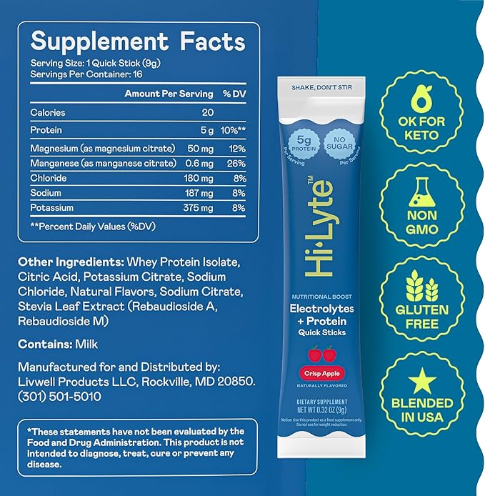 Hi-Lyte Nutritional Boost - Electrolytes + Protein Quick Sticks - Crisp Apple - Hydration + Whey Protein Powder Packets - 5g Protein, Electrolytes, No Sugar, Keto Friendly-FlexoryFit