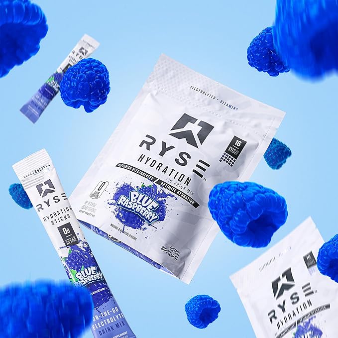 RYSE Hydration Electrolyte Powder Drink Mix Packets - Blue Raspberry - Sugar-Free Full Spectrum Electrolytes with Essential Vitamins, Taurine and Choline for Rehydration - 16 Serving Sticks