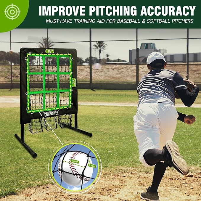 9 Hole Pitching Net, Heavy-Duty Baseball Net with Strike Zone for Pitching and Hitting, Height Adjustable Training Equipment with 9 Pocket Pitching Target for Baseball & Softball Practice-FlexoryFit