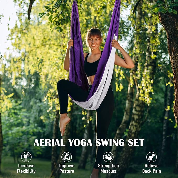 ZELUS Aerial Yoga Swing Sling Strong Yoga Hammock Kit Set Trapeze Inversion Equipment Include 2 Extensions Straps and Ceiling Mounting Kit-FlexoryFit
