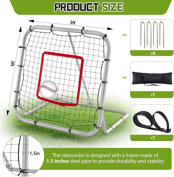 3' x 3'/1.67' x 1.67' Pro Portable Baseball and Softball Rebounder Adjustable Heavy Duty Pitch-Back Net with Bag Strap Fielding Trainer Net 3 Angles Ground Balls Line Drives Pop Flies-FlexoryFit