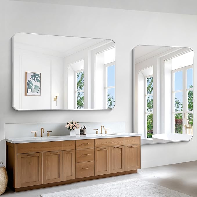 Silver Bathroom Mirror,60x40 inch Wall Mirror for Bathroom Wall Mounted,Rectangle Mirror for Bathroom Over Sink,Modern Frame Round Corner for Living Room,Bedroom Entryway,Horizontal/Vertical
