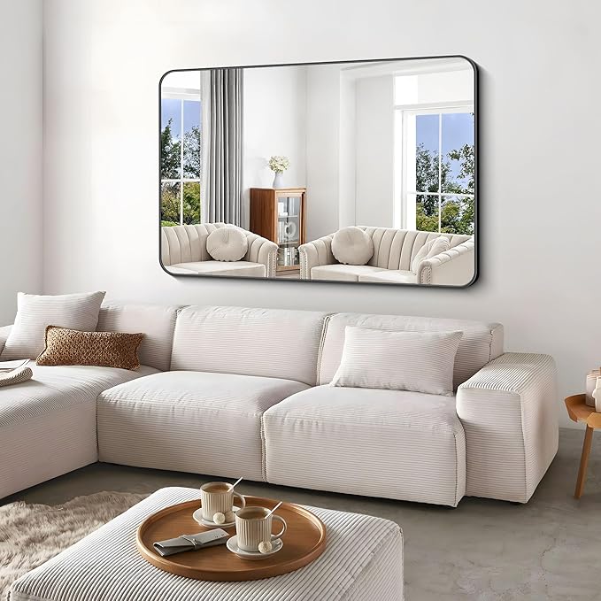 Black Bathroom Mirror,60x40 inch Wall Mirror for Bathroom Wall Mounted,Rectangle Mirror for Bathroom Over Sink,Modern Frame Round Corner for Living Room,Bedroom Entryway,Horizontal/Vertical-FlexoryFit