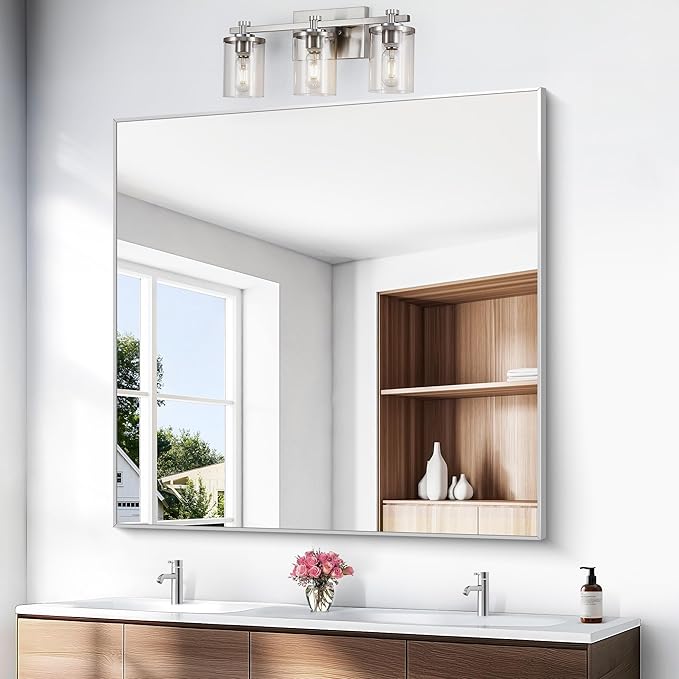 Silver Bathroom Mirror,48x48 inch Wall Mirror for Bathroom Wall Mounted,Large Rectangle Mirror for Bathroom Over Sink,Modern Metal Frame for Living Room,Bedroom Entryway,Horizontal/Vertical