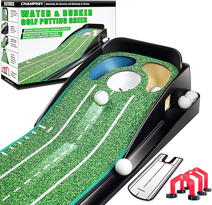 CHAMPKEY Professional Hazard Golf Putting Green Come with Golf Putting Gates and Putting Mirror - Progressive Slope Tech and Noise Reduction Tech Golf Putting Mat