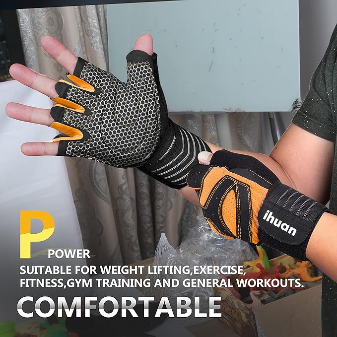 ihuan Ventilated Weight Lifting Gym Workout Gloves with Wrist Wrap Support for Men & Women, Full Palm Protection, for Weightlifting, Training, Fitness, Hanging, Pull ups-FlexoryFit