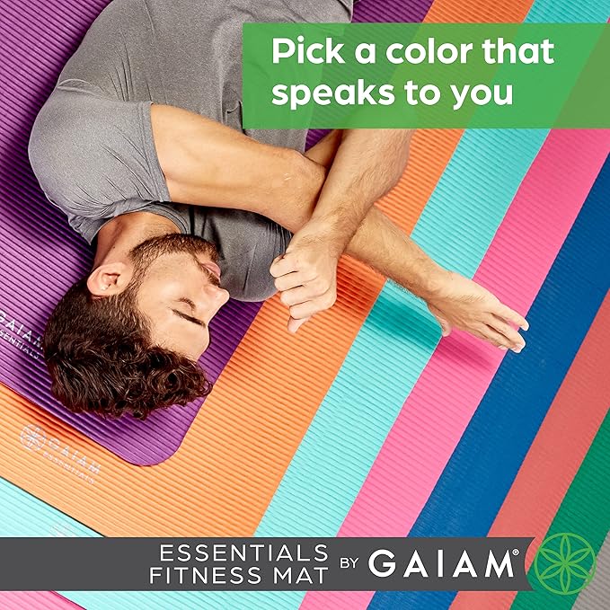 Gaiam Essentials Thick Yoga Mat Fitness & Exercise Mat with Easy-Cinch Yoga Mat Carrier Strap, 72"L x 24"W x 2/5 Inch Thick-FlexoryFit