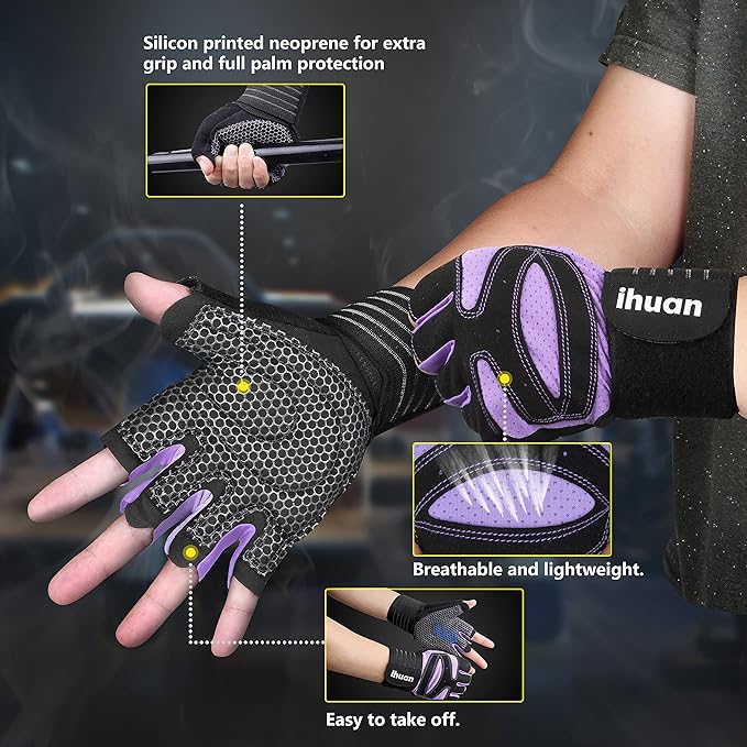 ihuan Ventilated Weight Lifting Gym Workout Gloves with Wrist Wrap Support for Men & Women, Full Palm Protection, for Weightlifting, Training, Fitness, Hanging, Pull ups-FlexoryFit