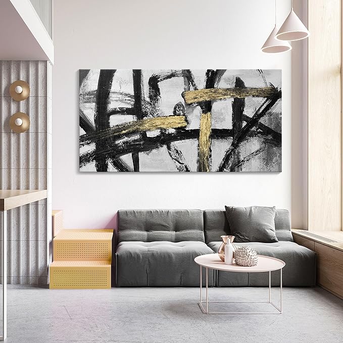 Abstract Living Room Wall Art - Large Black and White Gold Abstract Lines Bedroom Wall Decor Ink Dancing Canvas Prints Paintings for Dining Room Office Room Home Decor 29x58IN-FlexoryFit