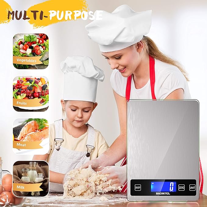 ''Cooking Master' 22lb Digital Kitchen Scale,Food Scale Measures in Grams and Ounces for Weight Cooking Baking,1g/0.1oz Precise Graduation,Stainless Steel and Tempered Glass-FlexoryFit