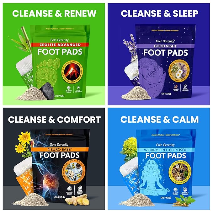 Sole Serenity Foot Pads - Zeolite Mineral, Ginger Root, Wormwood, Bamboo Vinegar, Foot Spa for Achy Feet - 20 Pads