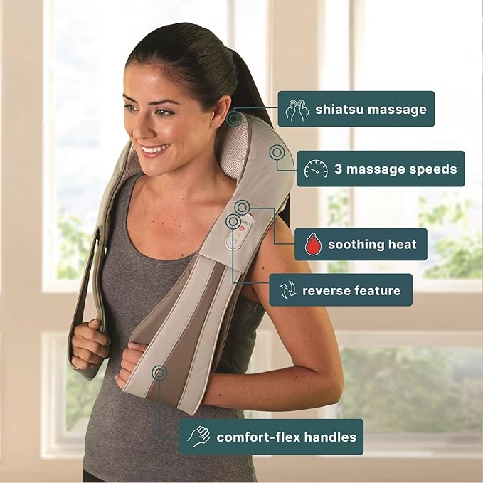 HoMedics Shiatsu Deluxe Neck & Shoulder Massager with Heat | Shiatsu Massager, 3 Speeds, Changes Direction | Muscle Kneading for Neck, Shoulders, Back, & Legs, Portable, Convenient Straps | Thera-P-FlexoryFit