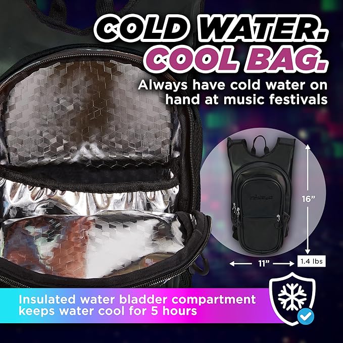Rave Hydration Backpack โ Anti-Theft Festival Hydration Pack with 1.5L Leakproof TPU Bladder โ Slim, Insulated Water Pack with Secret Pockets & Breathable Back โ for Raves, Music Festivals, EDC
