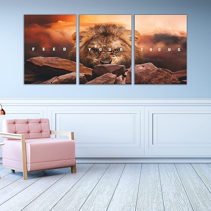 Motivational Wall Art Inspirational Wall Art 3 Pieces Canvas Poster Wall Painting Lion Artwork for Living Room Bedroom Home Decor Prints Pictures Office Wall Decor Framed Ready to Hang 60''Wx 28''H-FlexoryFit