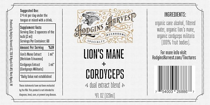 Hodgins Harvest Organic Lion’s Mane + Cordyceps Tincture | Made with Mushrooms Grown On Our Farm in The USA | Dual Extract | Extra-Concentrated (4 fl oz)-FlexoryFit