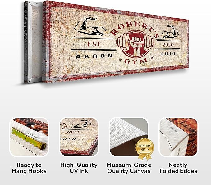 Tailored Canvases Personalized Gym Sign Wall Art Decor - Motivational Canvas for Home Gym, Workout Room, Garage, Fitness Center - Workout Inspirational Posters - One Hand Dumbbell on Rustic Red, 48x16in