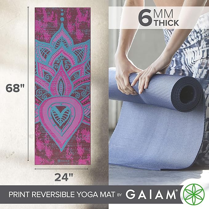 Gaiam Yoga Mat - Premium 6mm Print Reversible Extra Thick Non Slip Exercise & Fitness Mat for All Types of Yoga, Pilates & Floor Workouts (68" x 24" x 6mm Thick)-FlexoryFit