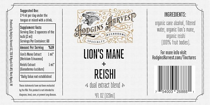 Hodgins Harvest Organic Lion’s Mane + Reishi Tincture | Made with Mushrooms Grown On Our Farm in The USA | Dual Extract | Extra-Concentrated (4 fl oz)-FlexoryFit