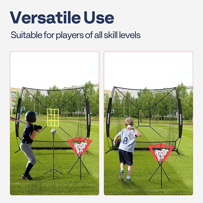 VIVOHOME Baseball Softball Hitting Net with Large Ball Collection System, 7 x 7 ft Baseball Batting Pitching Net with Tee, 2 Strike Zone, Carry Bag