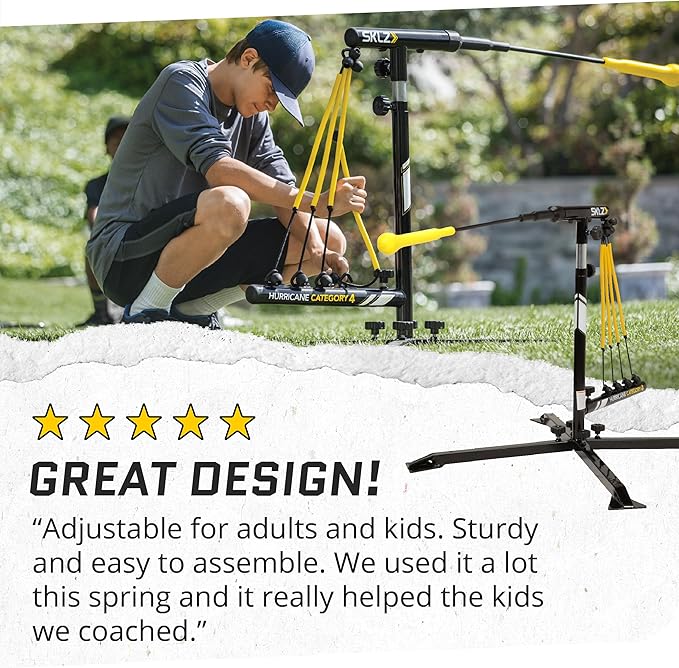 SKLZ Hurricane Batting Swing Trainer for Baseball & Softball - Durable Swing Arm - 4 Power Band System - High-Visibility, Anti-Dent Target Ball Head - Screw-in Base Legs, Metal Stakes & Carry Bag-FlexoryFit