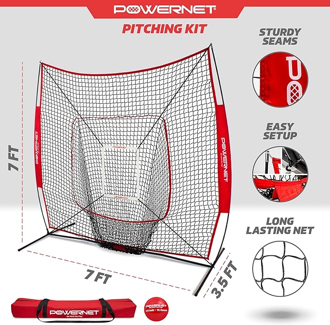 PowerNet Baseball Softball Practice Net 7x7 with Baseball Accessories for Practice Pitching, Batting & Fielding, Ball Caddy, Weighted Baseballs, Tee