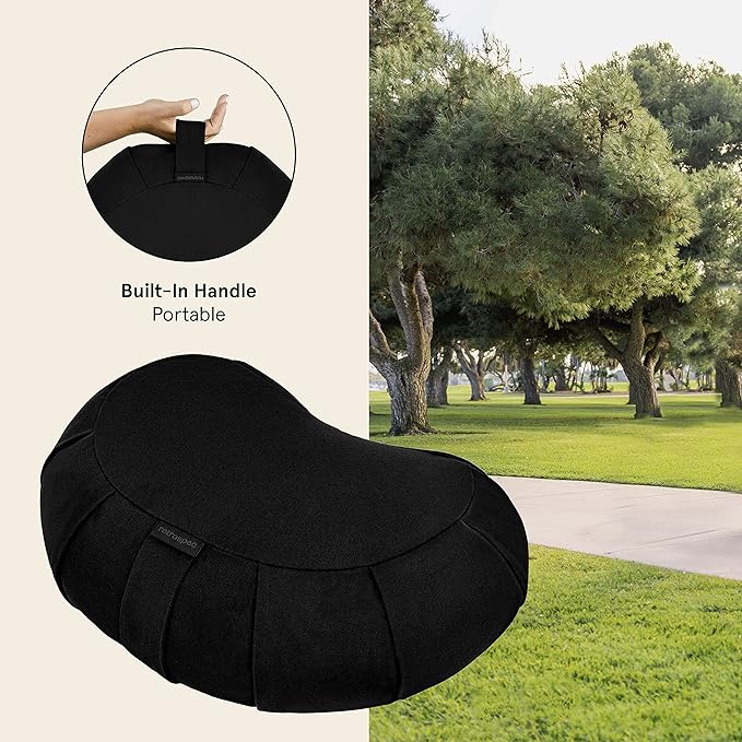 Retrospec Sedona Zafu Meditation Cushion Filled w/Buckwheat Hulls - Yoga Pillow for Meditation Practices - Machine Washable 100% Cotton Cover & Durable Carry Handle, Crescent, Black-FlexoryFit