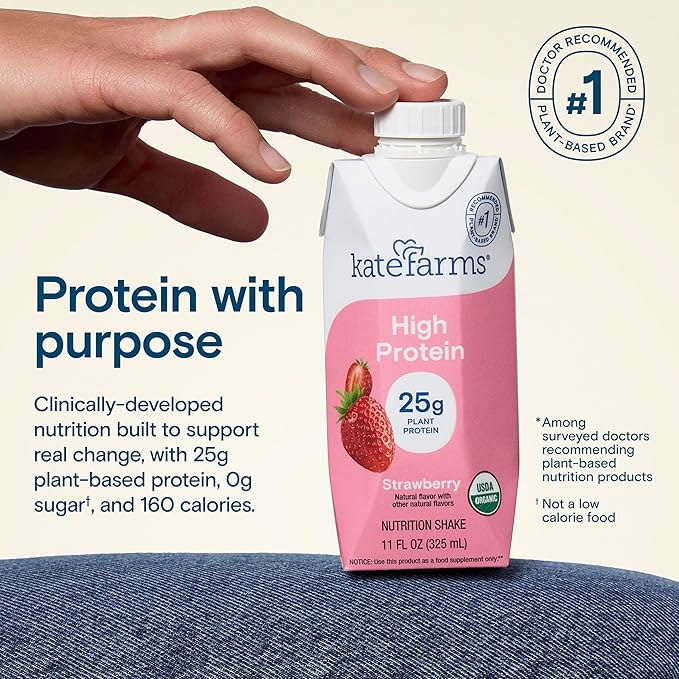 KATE FARMS Organic High Protein Strawberry Nutrition Shake, 25g Protein, 6g Fiber, 27 Vitamins and Minerals, 0g Sugar, Protein Drink, 11 oz (12 Pack)-FlexoryFit