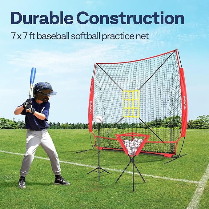 VIVOHOME Baseball Softball Hitting Net with Large Ball Collection System, 7 x 7 ft Baseball Batting Pitching Net with Tee, 2 Strike Zone, Carry Bag