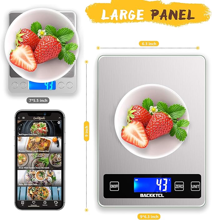 ''Cooking Master' 22lb Digital Kitchen Scale,Food Scale Measures in Grams and Ounces for Weight Cooking Baking,1g/0.1oz Precise Graduation,Stainless Steel and Tempered Glass-FlexoryFit