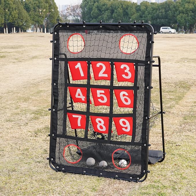 Pitching Net with Strike Zone, 9 Hole Baseball Pitching Target, Portable Softball Baseball Training Equipment with Carry Bag