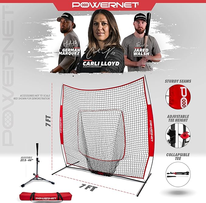 PowerNet Baseball Softball Practice Net 7x7 with Baseball Accessories for Practice Pitching, Batting & Fielding, Ball Caddy, Weighted Baseballs, Tee