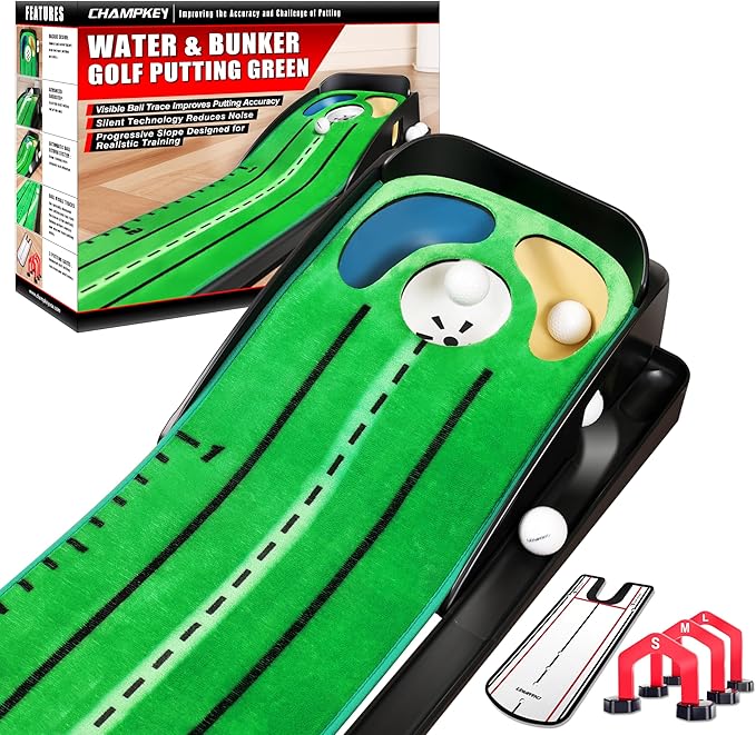 CHAMPKEY Professional Hazard Golf Putting Green Come with Golf Putting Gates and Putting Mirror - Progressive Slope Tech and Noise Reduction Tech Golf Putting Mat