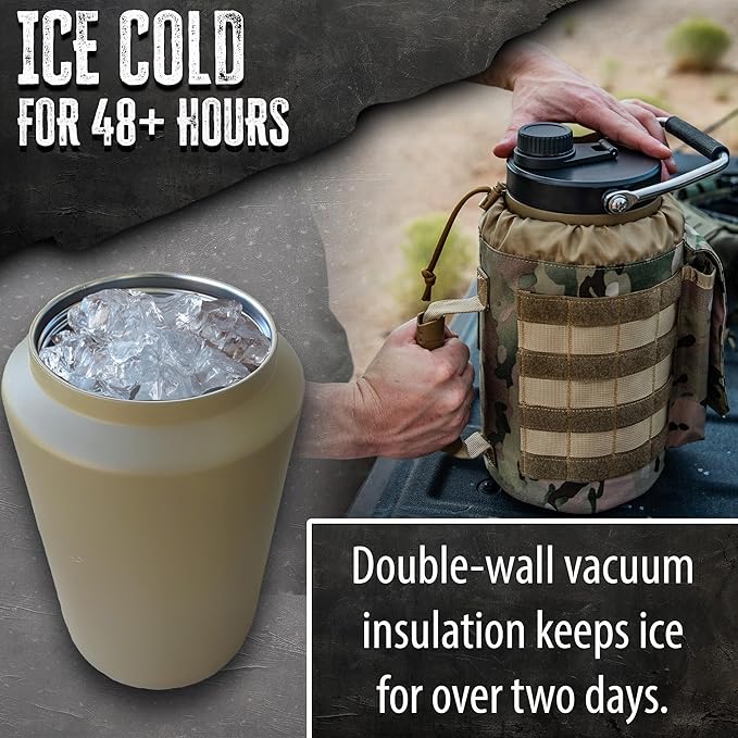 Iron Infidel Battle Bottle - One Gallon Insulated Water Bottle with Dual Carry Handles - 128 oz Tactical Stainless Steel Water Jug & Rugged Extra Large Sleeve With Storage (OCP Camo 128 Ounces)-FlexoryFit