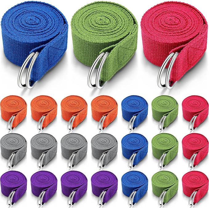 Leyndo 24 Pieces Yoga Strap Stretching Pilates Exercise Adjustable Straps 6 ft Non Elastic Yoga Belt with Adjustable D Ring Buckle for Pilates Gym Workouts Fitness-FlexoryFit