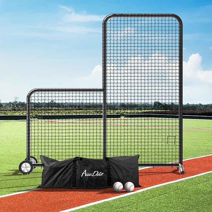 Yes4All Portable L-Screen Baseball 7x7ft with 2 Baseballs, Rubber Wheels - L Screen Baseball for Batting Cage, Protective Pitching Screen Net Double Layers, Carry Bag Included-FlexoryFit