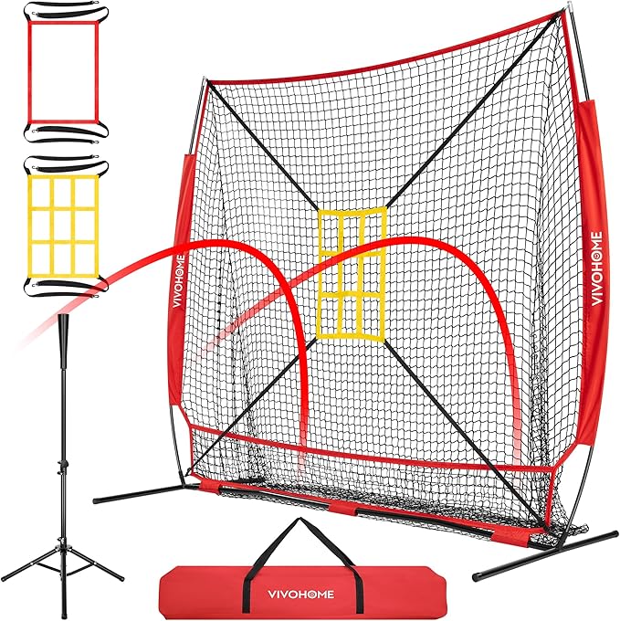 VIVOHOME Baseball Softball Hitting Net with Large Ball Collection System, 7 x 7 ft Baseball Batting Pitching Net with Tee, 2 Strike Zone, Carry Bag